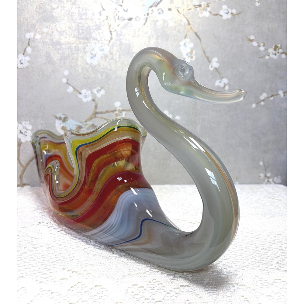 Art Glass Swan Bowl Murano Style Slag Glass Centerpiece Figurine Dish Decor VTG